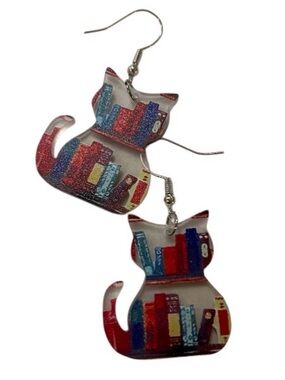 Cat-Shaped Library Earrings in Multicolor - Unbranded